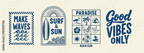 Retro surf and beach themed graphic designs with inspiring text and icons