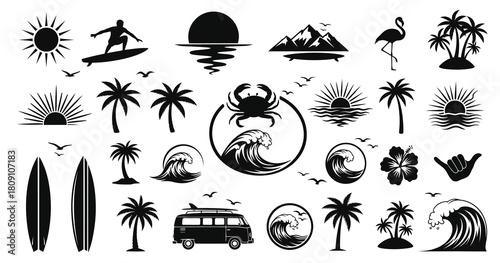 Collection of tropical beach and surf icons featuring sunsets palm trees and ocean waves
