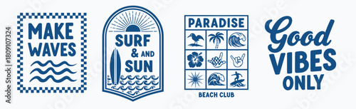 Collection of four vintage style surf and beach themed graphic designs with inspirational text