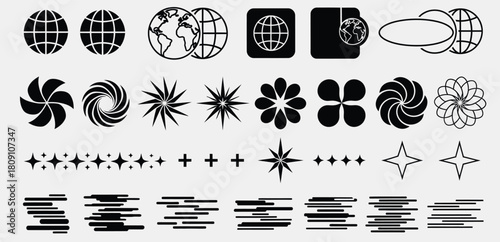 Abstract geometric shapes and celestial elements in black and white graphic design