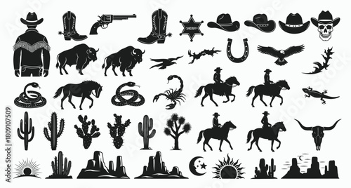 Collection of western cowboy and desert silhouette icons and graphics