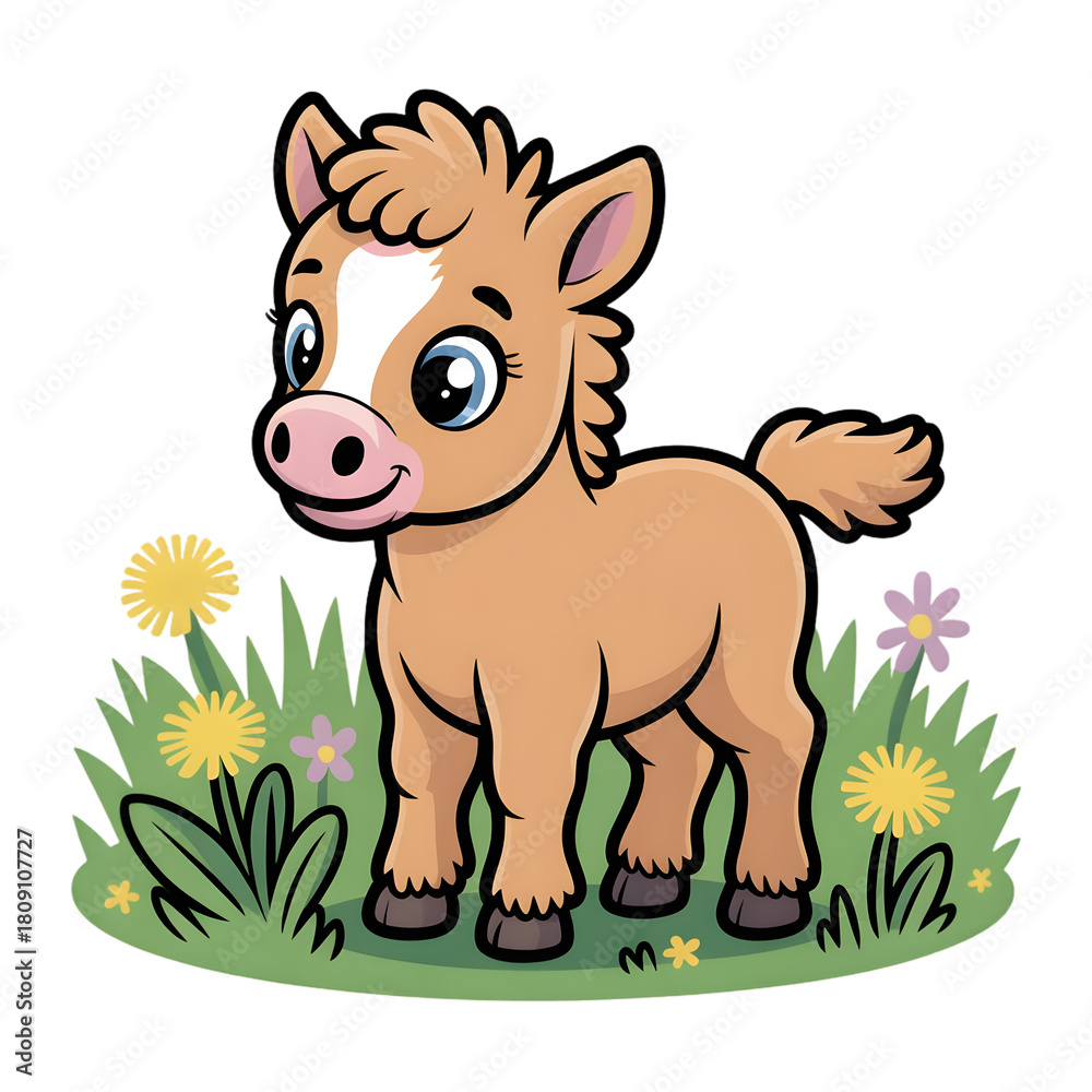 Obraz premium Cute cartoon pony standing in a grassy field isolated on transparent background
