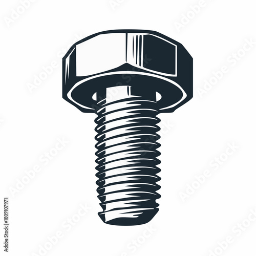 Monochrome vector illustration of an industrial hex bolt. This isolated hardware fastener graphic symbolizes construction, engineering, and mechanical repair concepts