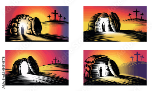 Resurrection tomb with crosses at sunset religious illustration
