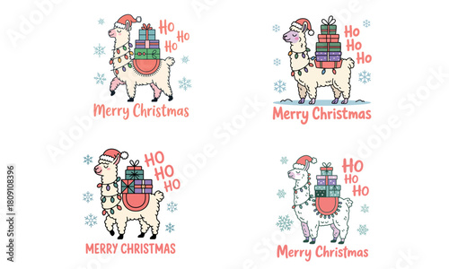 Merry christmas llama carrying gifts festive illustration
