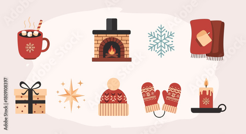 A charming flat design icon set illustrating the cozy and warm aspects of winter and New Year celebrations, featuring comforting elements for a serene holiday mood. 