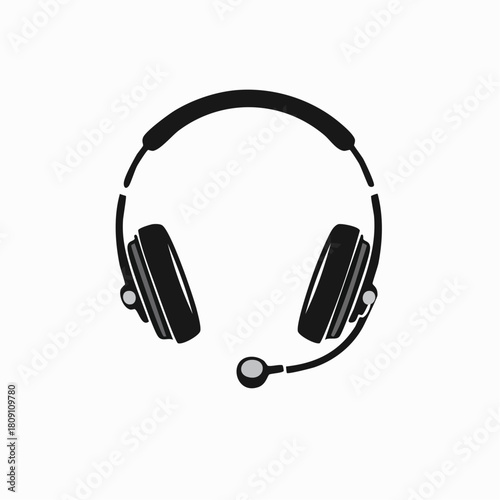 A simple black and white vector icon of a headset with a microphone, representing call center support, online communication, and gaming audio