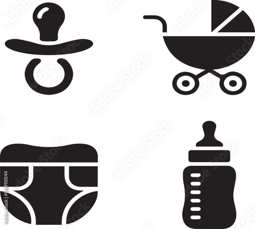 Black baby icons pacifier stroller diaper bottle on white background infant child