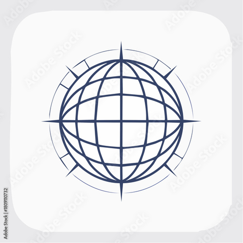 Stylized wireframe globe icon surrounded by a compass rose, representing global travel, international business, and worldwide navigation concepts on a clean background