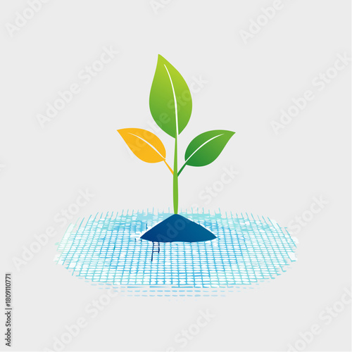 A vibrant green seedling with yellow leaves emerges from dark soil, surrounded by a circular pattern of blue wavy lines, symbolizing growth and nature's potential