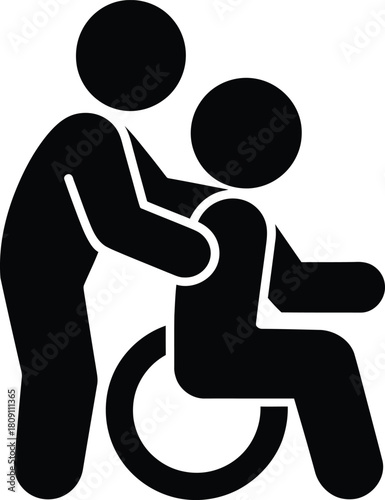 Assisting person in wheelchair vector icon; disability care and support concept