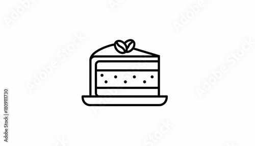 A simple line art icon representing a slice of delicious cake with coffee bean on top, perfect for menus and food blogs