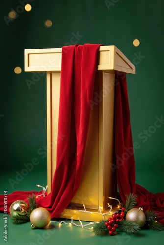 Elegant Christmas Podium with Red Fabric and Decorations