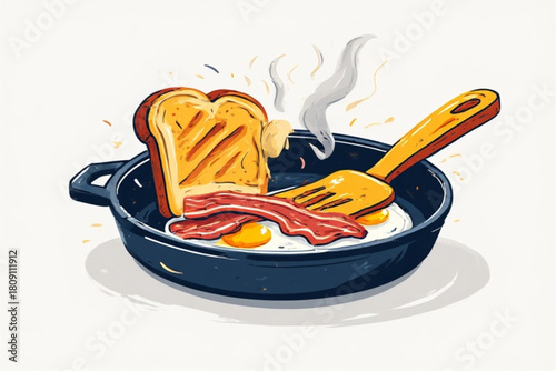 Illustration of breakfast in a pan: fried eggs, bacon, toast, and a spatula, with steam rising.