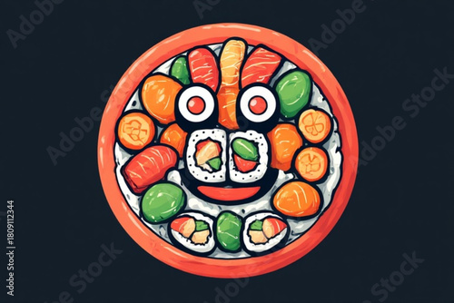 Playful illustration of a sushi plate arranged to resemble a smiling face.