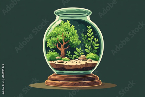 A stylized illustration of a miniature tree and plants contained within a glass jar.