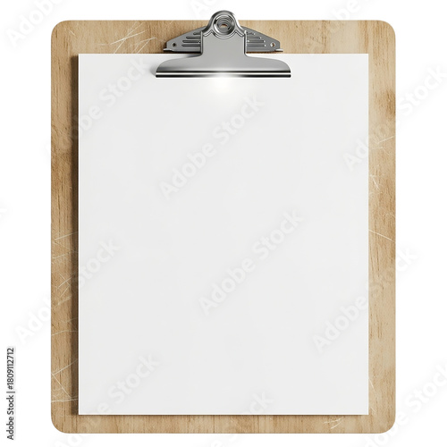 Wooden clipboard with blank white paper isolated on transparent background, top view