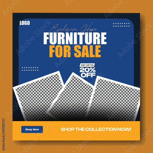 Modern furniture for sale social media post template with discount offer and interior design images
