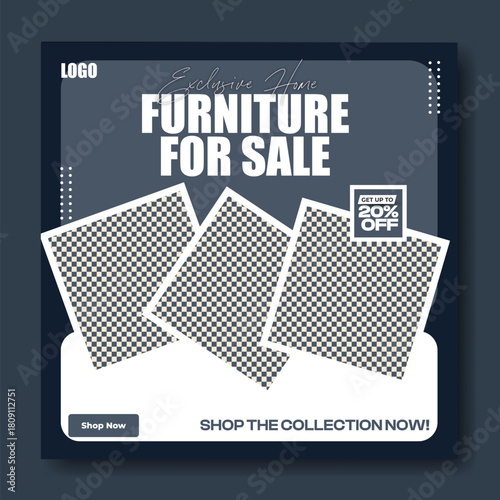 Modern furniture for sale advertisement with discount offer on dark background ideal for social media marketing