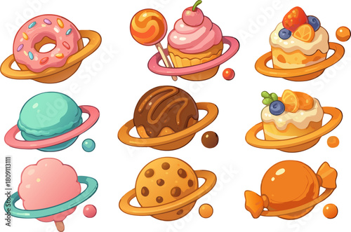Delightful cartoon planets made of sweet treats and candy orbiting in a sugary galaxy, perfect for kids' designs