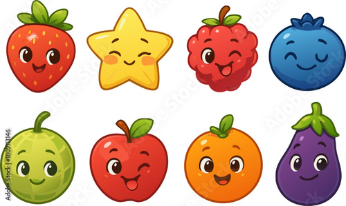 Cheerful fruity character collection for kids, including strawberry, star, raspberry, blueberry, melon, apple, orange, eggplant