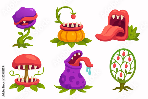 Beware carnivorous plants, playful spooky designs for Halloween, fantasy world flora with dangerous teeth and tongues