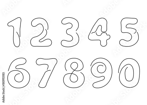 Numbers one continuous line drawing set. Minimalistic Arabic numerals from 0 to 9 created in a single, uninterrupted stroke. Clean monoline vector style, hand-drawn and modern