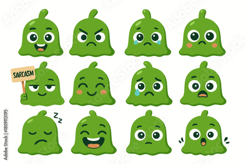 Cute green blob monsters expressing diverse emotions like joy, anger, sadness and sarcasm in a playful way