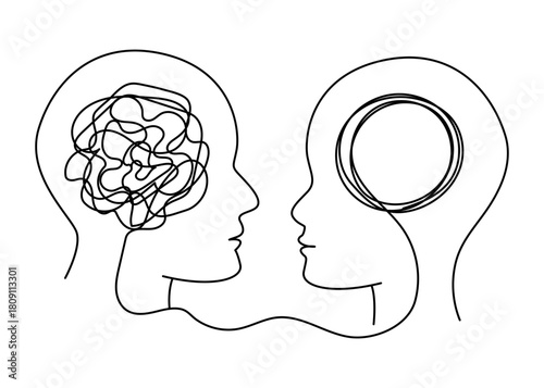 One continuous line drawing of two human profiles facing each other, with one chaotic, tangled brain form connecting to a calm, circular brain form. Minimalistic monoline concept illustrating empathy
