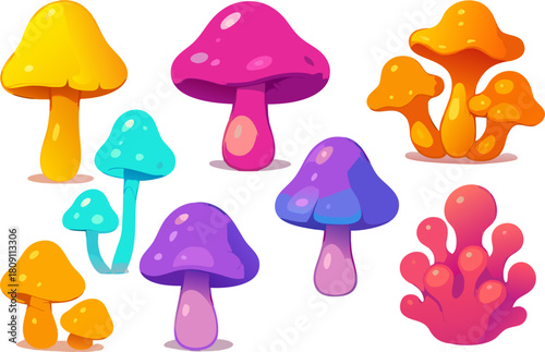 Vibrant cartoon mushrooms collection, perfect for whimsical designs and playful children's illustrations, vector