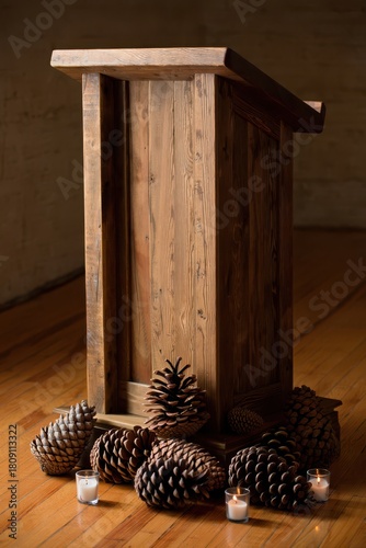 Rustic Wooden Podium with Pine Cones and Candles