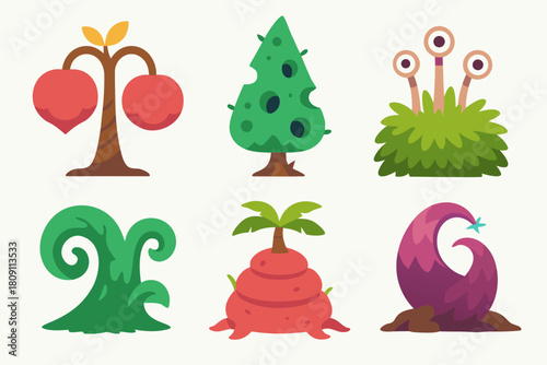 Whimsical cartoon plants and trees for fantasy game asset design, bringing magic and wonder to creative projects