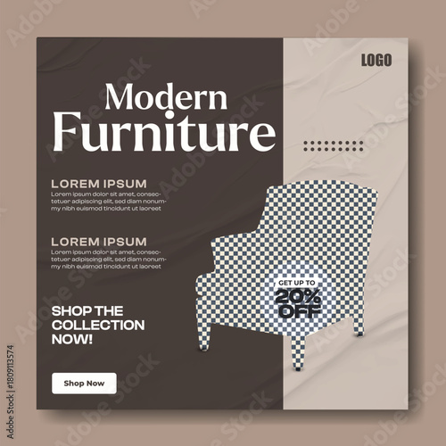 Elegant modern furniture advertisement featuring a plush armchair and text promoting a collection