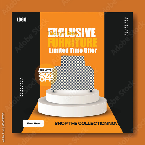 Exclusive furniture sale advertisement featuring a modern armchair on a pedestal with discount offer