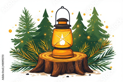 A glowing lantern sits atop a tree stump surrounded by evergreen trees.