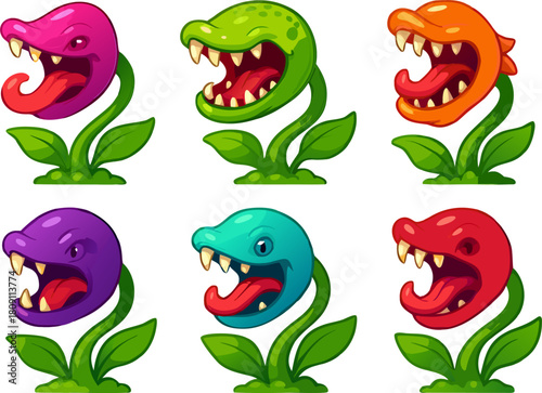 Colorful cartoon piranha plants are ready for whimsical game designs and vibrant animations with their toothy grin