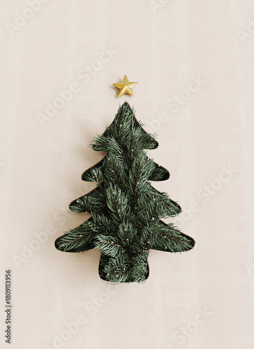 White paper cutout Christmas tree with fir tree on white background. Christmas greeting card design. 3D Rendering, 3D Illustration	
