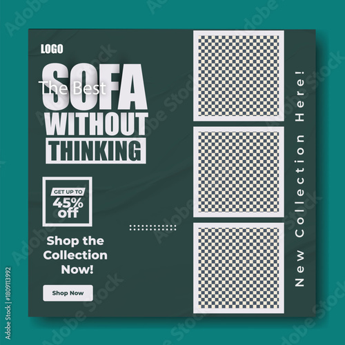 Modern sofa advertisement with new collection highlight and discount offer for online shopping