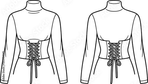 top, fashion, technical, illustration, vector, flat, cad, drawing, apparel, design, lace-up, corset, waist, bow, long, sleeve, high, neckline, womenswear, garment