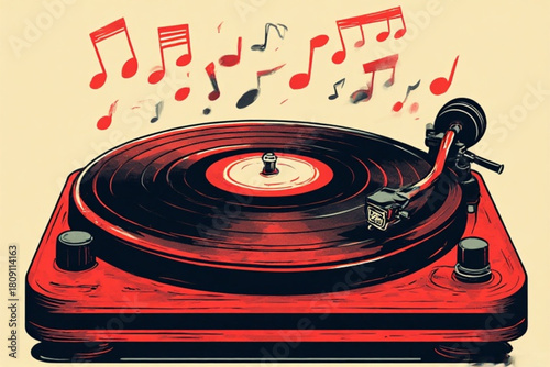 Red record player with a vinyl record spinning and musical notes floating above it.