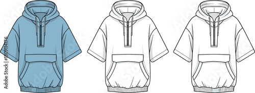 Short sleeve hoodie design, front zipper, kangaroo pocket, ribbed hem, drawstring hood, fashion sketch, CAD drawing flat vector illustration**