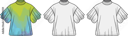 shirt, fashion, technical, illustration, vector, flat, cad, drawing, apparel, design, ruffle, sleeve, crew, neckline, flared, layered, gradient, template, womenswear, garment