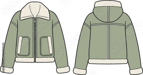 Shearling jacket, technical fashion, CAD drawing, flat vector, winter wear, hooded coat, cream lining, garment sketch, apparel design, outerwear concept, fashion illustration, textile template,