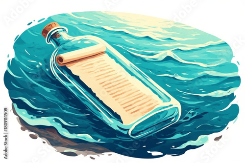 A bottle with a rolled message floats in the ocean waves, near the shore.
