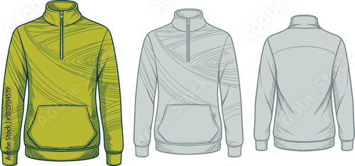 Quarter zip pullover sweatshirt sketch, green woodgrain pattern, kangaroo pocket, ribbed cuffs and hem, CAD drawing, flat vector illustration