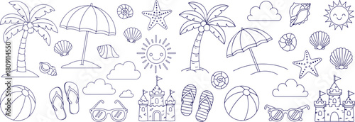 Vector art of outline drawing of various beach and summer elements on white