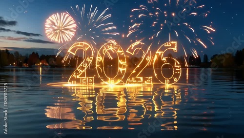 Fireworks over a calm lake form the number 2026 at night with bright reflections