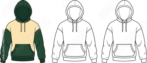 Hoodie front view, fashion flat sketch, color block sweatshirt, CAD drawing, vector illustration, apparel design, garment template, clothing mockup