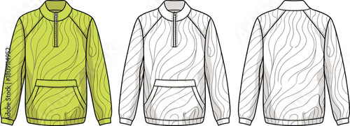 Half-zip pullover jacket, wavy pattern design, front and back view, fashion sketch, CAD drawing, flat vector illustration