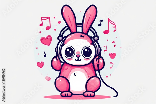 A cute pink bunny wearing headphones, surrounded by musical notes and hearts.